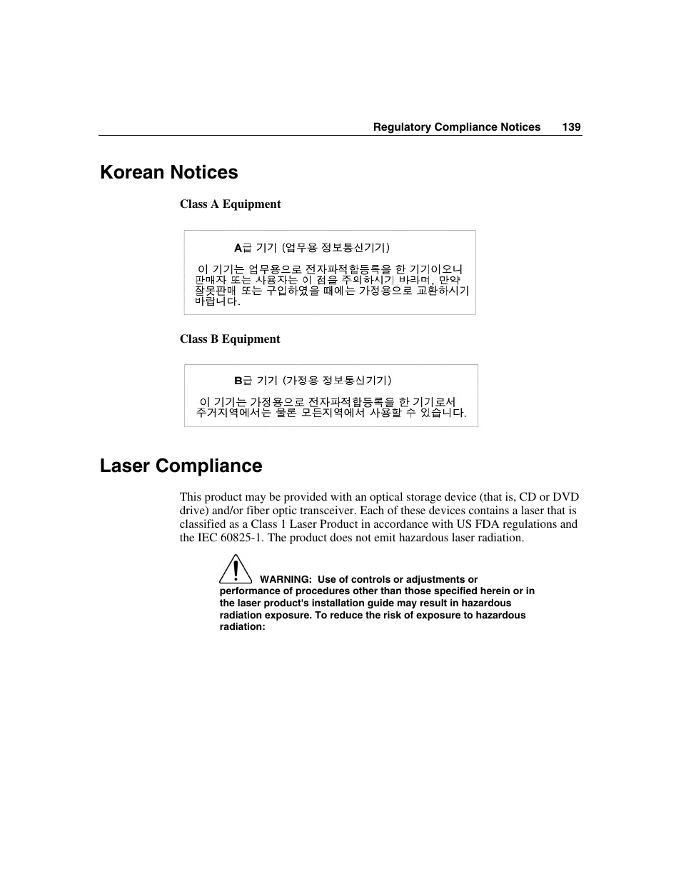 Korean notices, Laser compliance | HP ProLiant ML350 G4 Server User Manual | Page 139 / 156