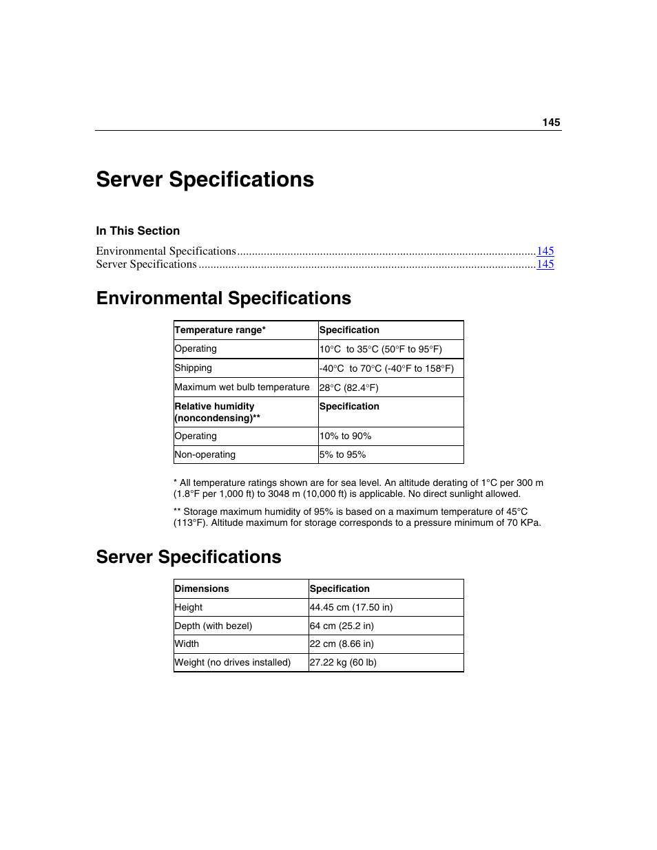 Server specifications, Environmental specifications, Environmental specifications" on | For ser | HP ProLiant ML350 G4 Server User Manual | Page 145 / 156