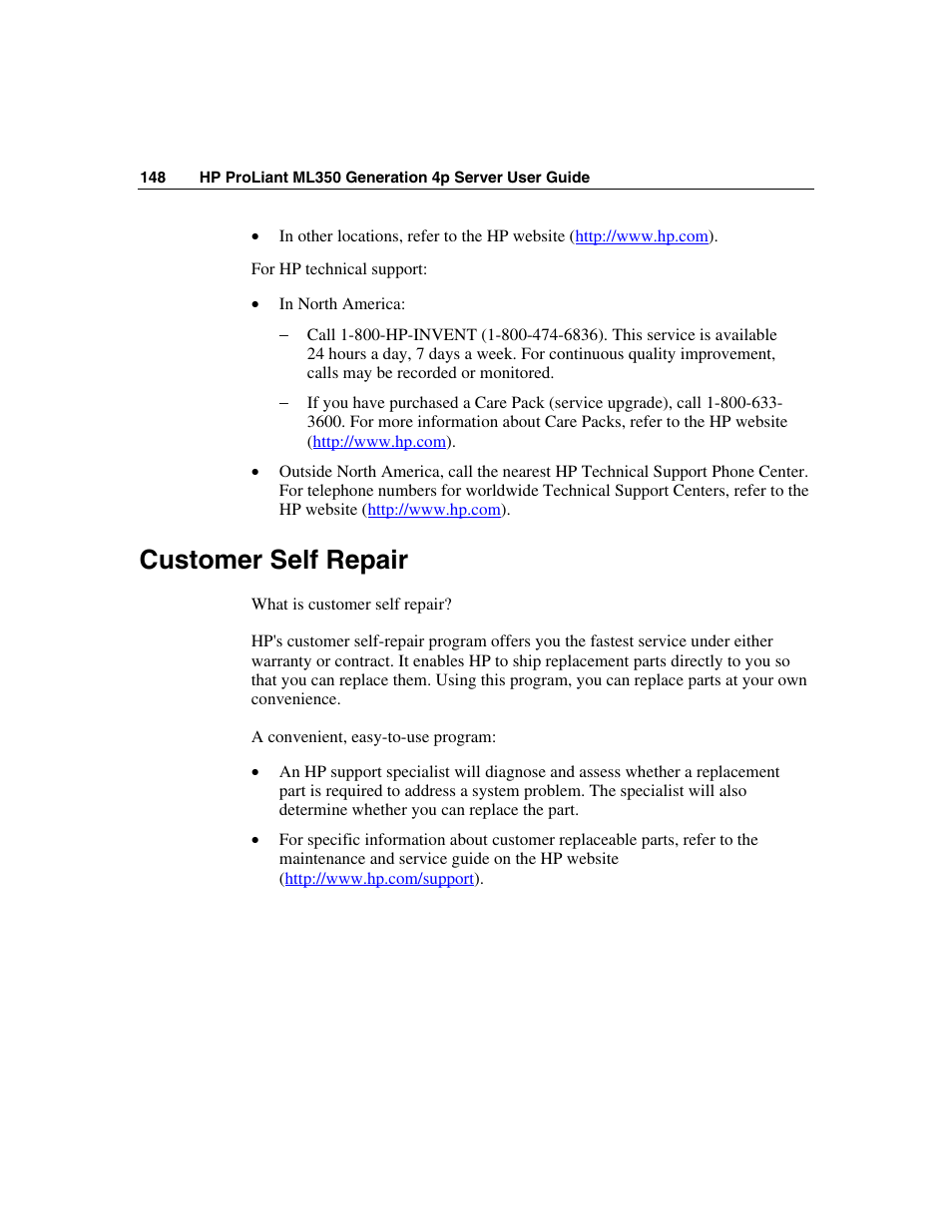 Customer self repair | HP ProLiant ML350 G4 Server User Manual | Page 148 / 156