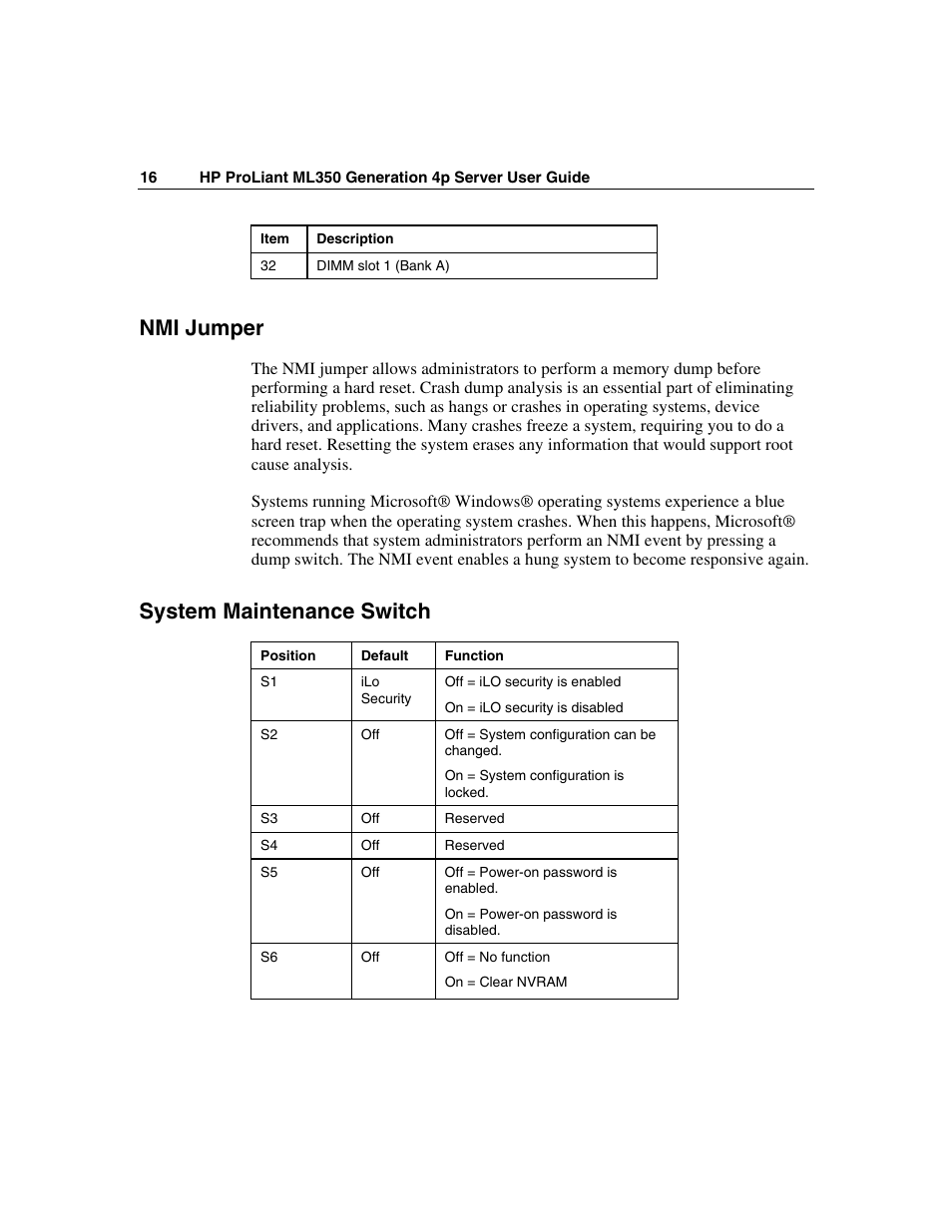 Nmi jumper, System maintenance switch | HP ProLiant ML350 G4 Server User Manual | Page 16 / 156