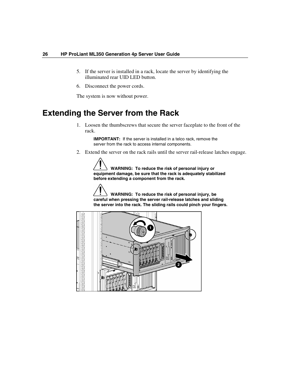 Extending the server from the rack | HP ProLiant ML350 G4 Server User Manual | Page 26 / 156