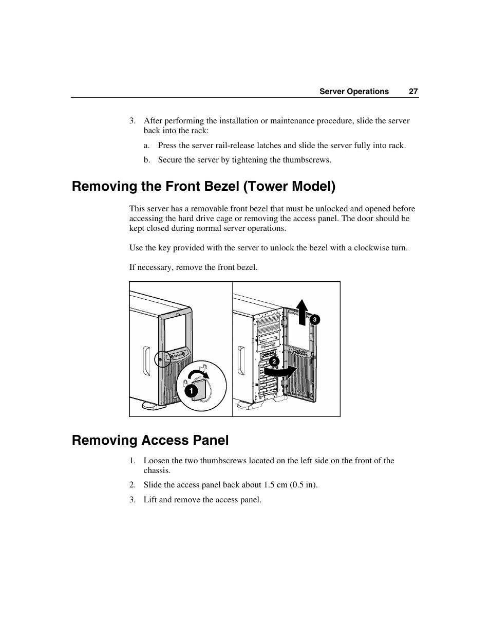 Removing the front bezel (tower model), Removing access panel | HP ProLiant ML350 G4 Server User Manual | Page 27 / 156