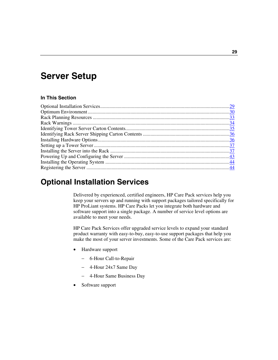 Server setup, Optional installation services | HP ProLiant ML350 G4 Server User Manual | Page 29 / 156