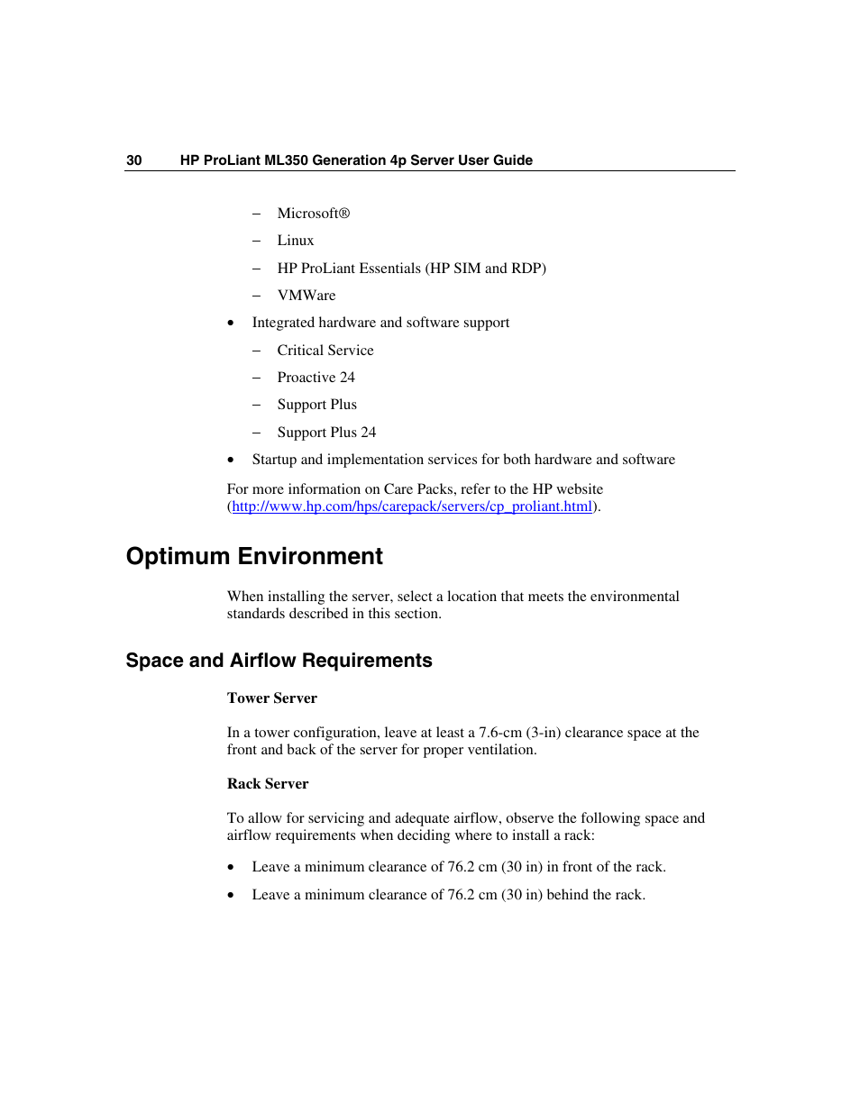 Optimum environment, Space and airflow requirements | HP ProLiant ML350 G4 Server User Manual | Page 30 / 156