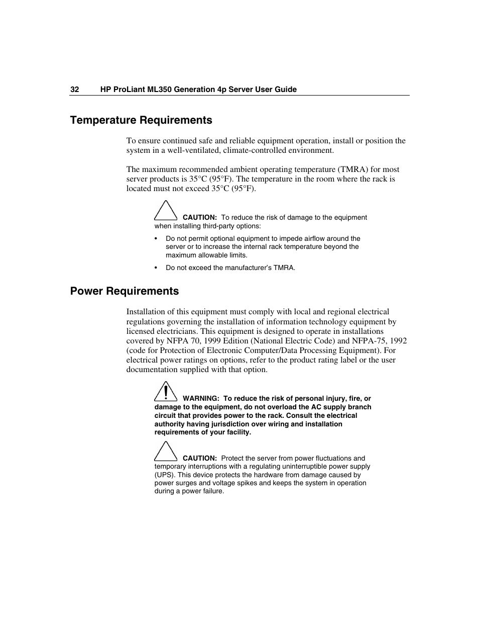 Temperature requirements, Power requirements | HP ProLiant ML350 G4 Server User Manual | Page 32 / 156