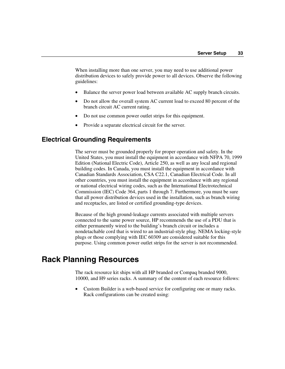 Electrical grounding requirements, Rack planning resources | HP ProLiant ML350 G4 Server User Manual | Page 33 / 156