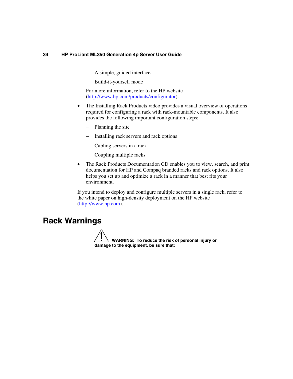 Rack warnings | HP ProLiant ML350 G4 Server User Manual | Page 34 / 156