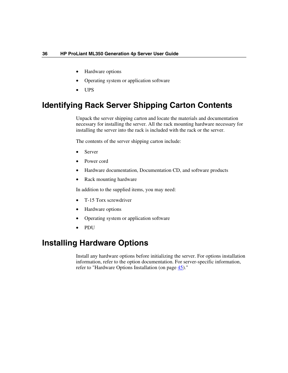 Identifying rack server shipping carton contents, Installing hardware options | HP ProLiant ML350 G4 Server User Manual | Page 36 / 156