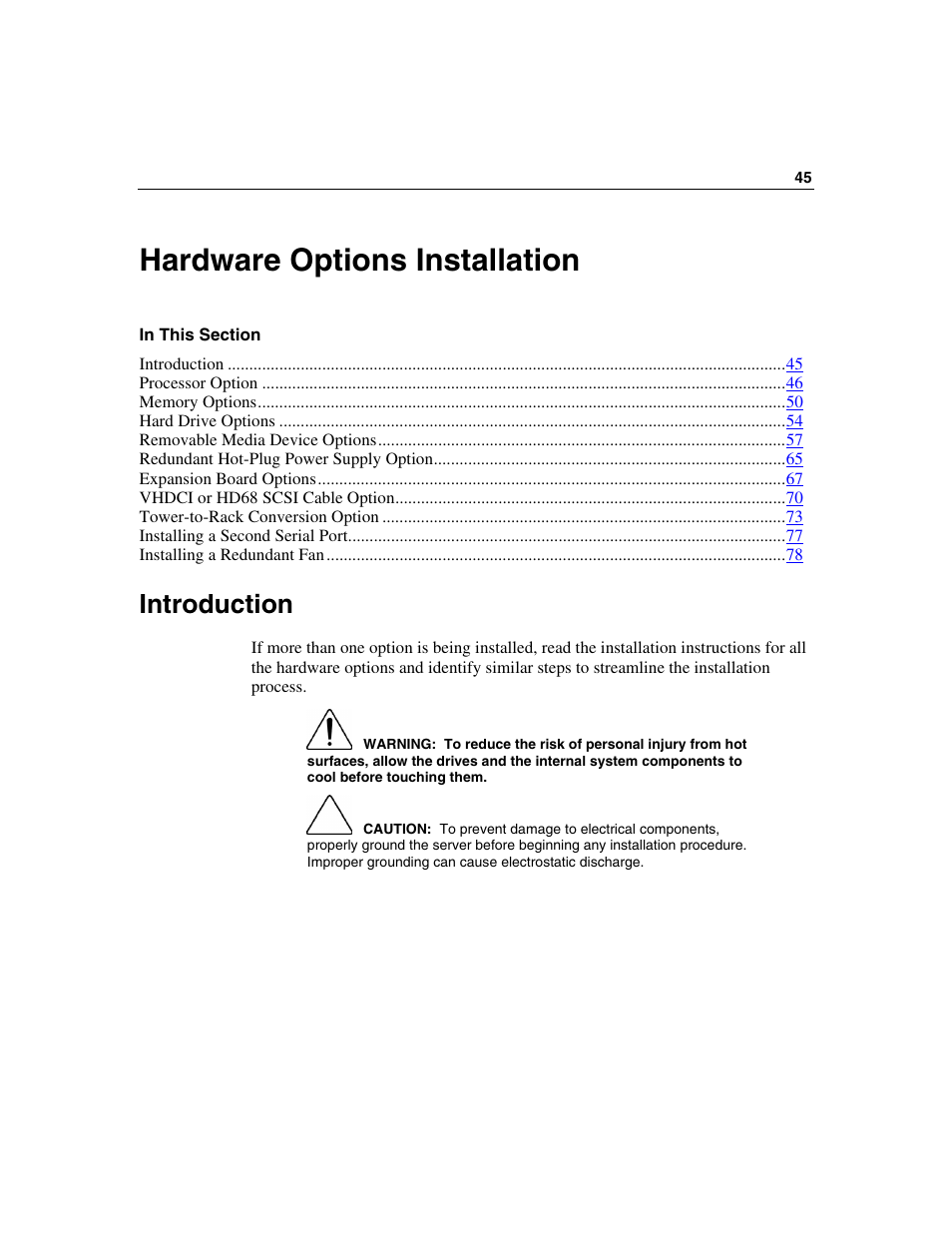 Hardware options installation, Introduction | HP ProLiant ML350 G4 Server User Manual | Page 45 / 156