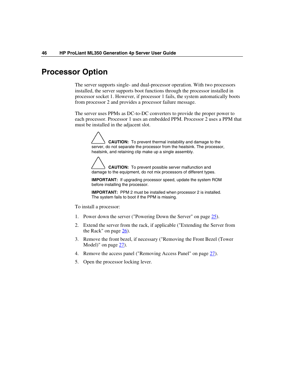 Processor option | HP ProLiant ML350 G4 Server User Manual | Page 46 / 156