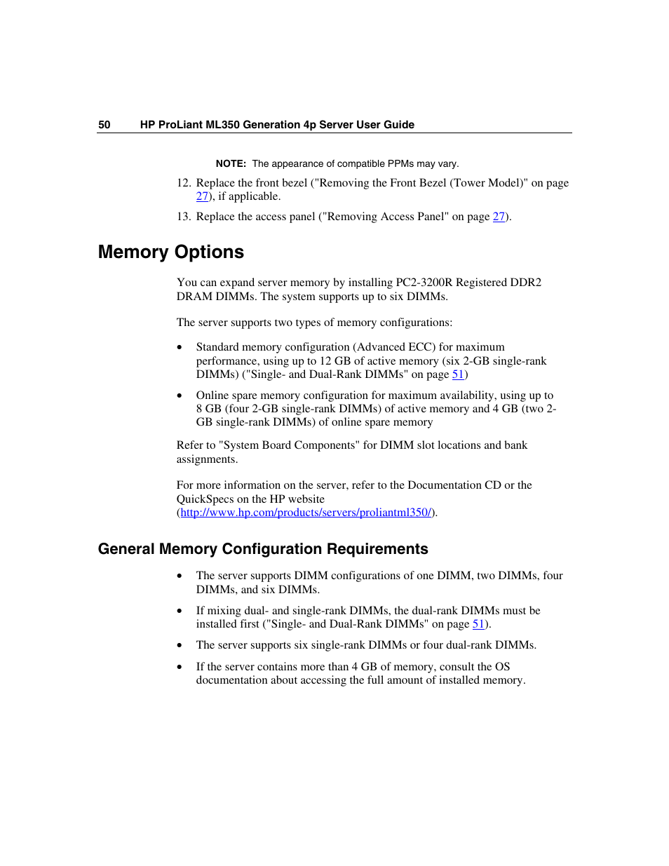 Memory options, General memory configuration requirements | HP ProLiant ML350 G4 Server User Manual | Page 50 / 156