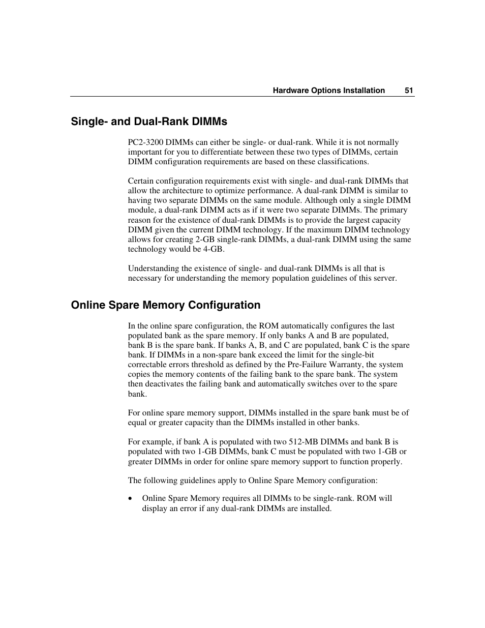 Single- and dual-rank dimms, Online spare memory configuration | HP ProLiant ML350 G4 Server User Manual | Page 51 / 156