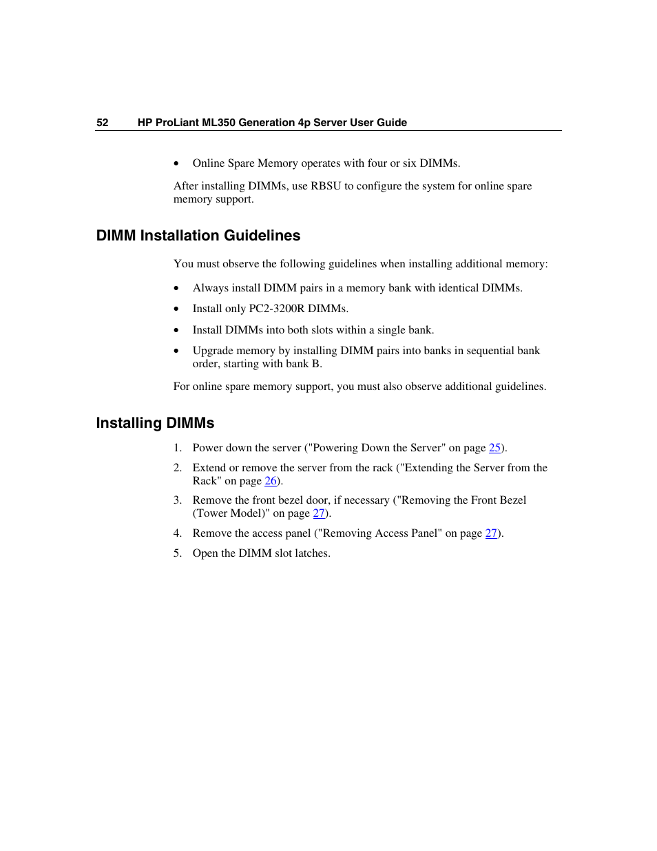 Dimm installation guidelines, Installing dimms | HP ProLiant ML350 G4 Server User Manual | Page 52 / 156