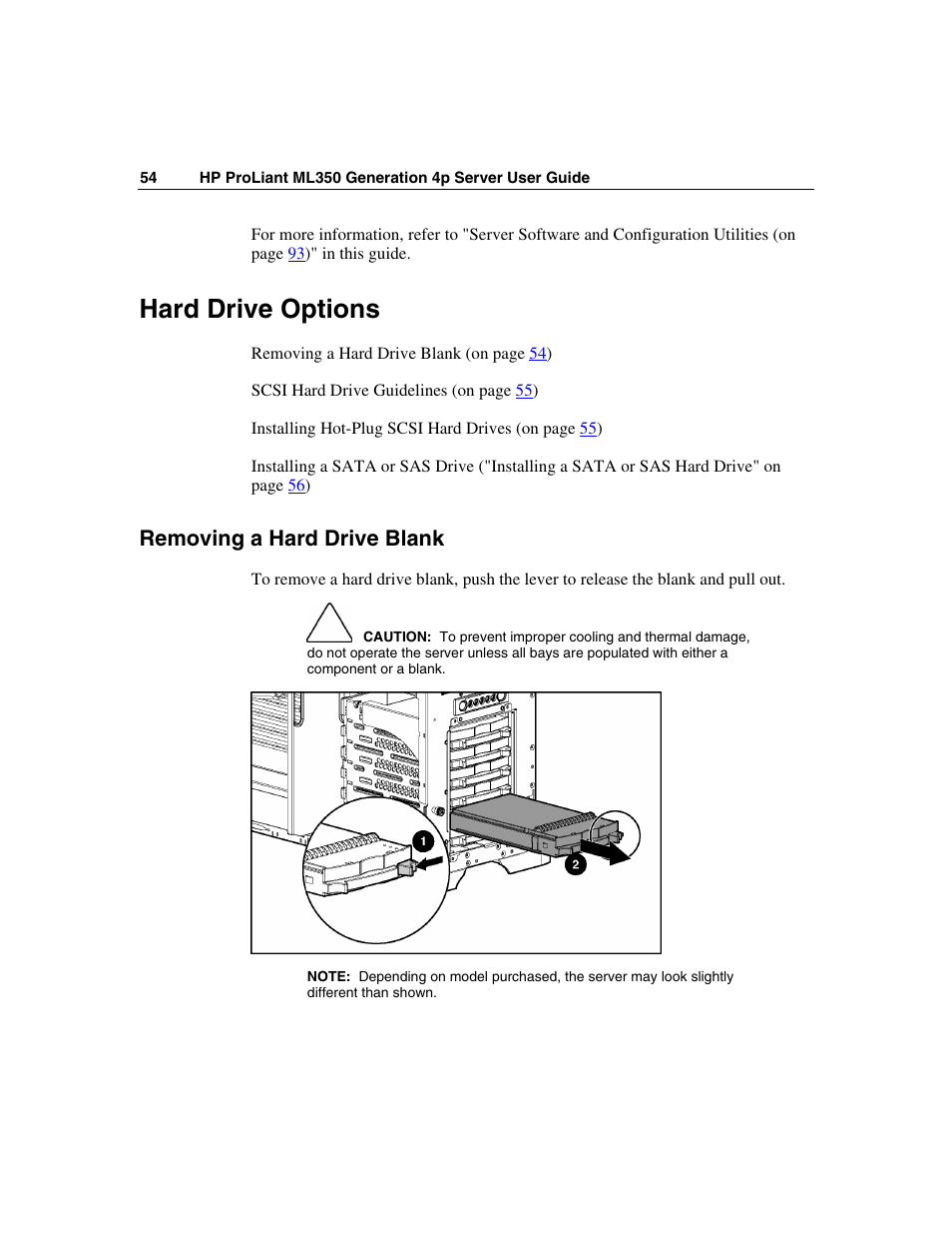 Hard drive options, Removing a hard drive blank | HP ProLiant ML350 G4 Server User Manual | Page 54 / 156