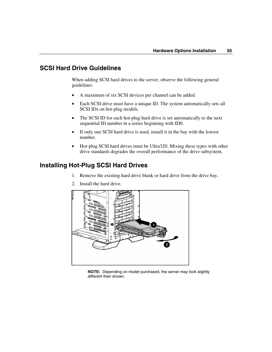 Scsi hard drive guidelines, Installing hot-plug scsi hard drives | HP ProLiant ML350 G4 Server User Manual | Page 55 / 156