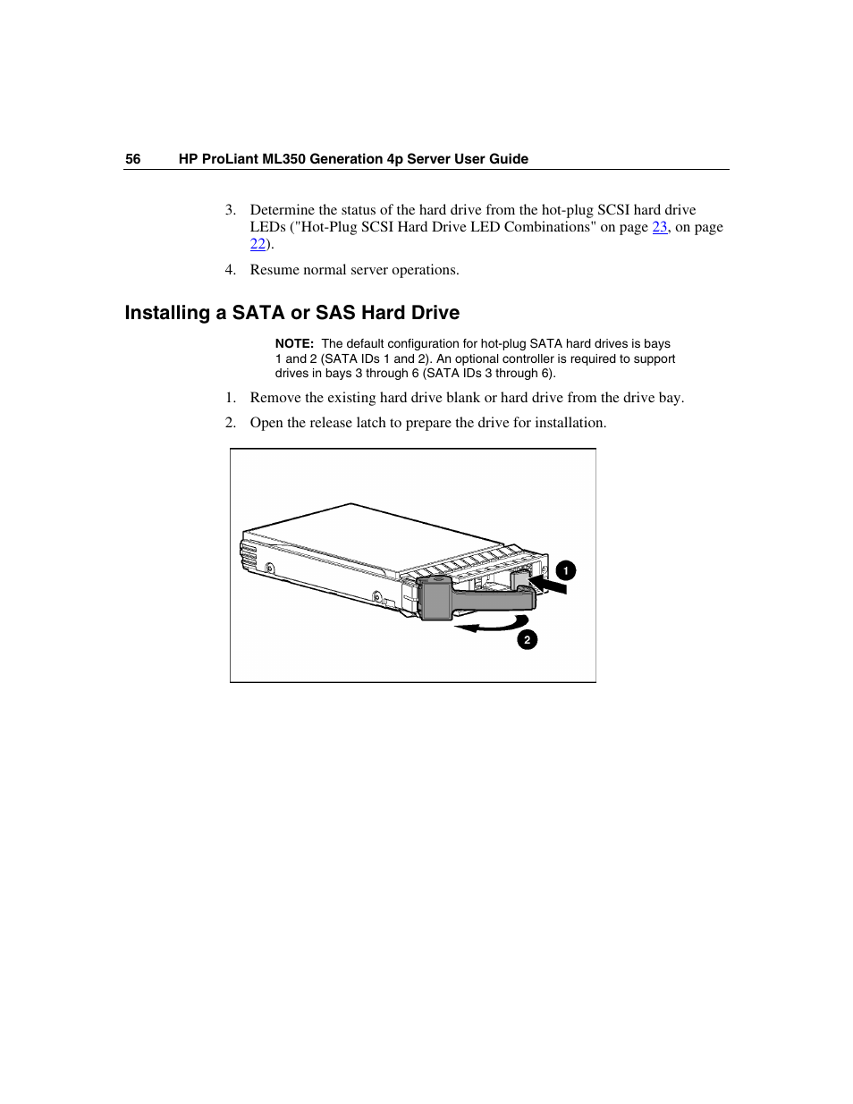 Installing a sata or sas hard drive | HP ProLiant ML350 G4 Server User Manual | Page 56 / 156