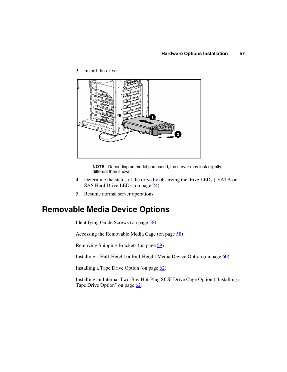 Removable media device options | HP ProLiant ML350 G4 Server User Manual | Page 57 / 156