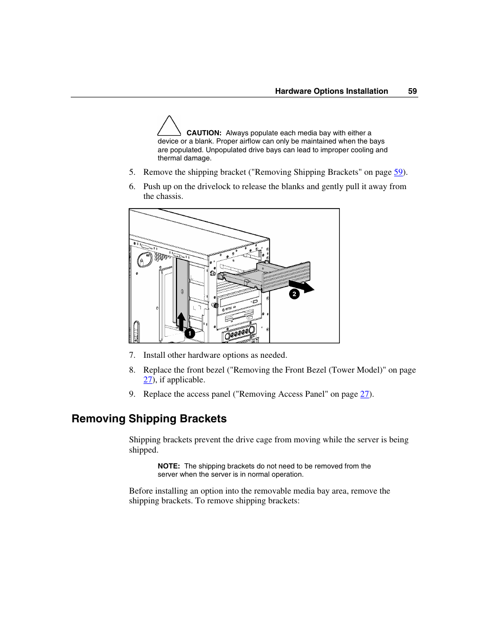 Removing shipping brackets | HP ProLiant ML350 G4 Server User Manual | Page 59 / 156