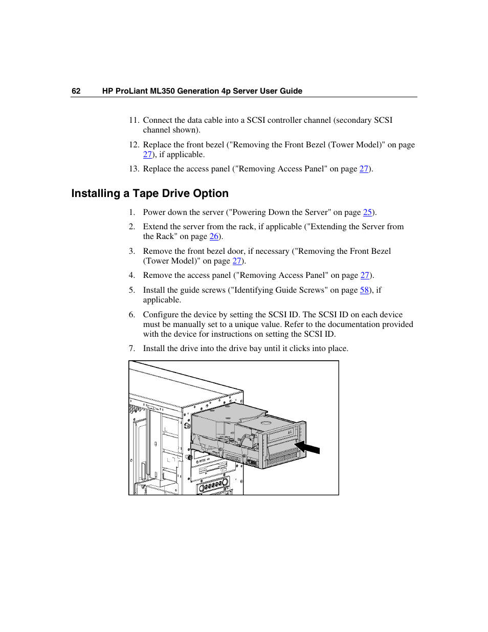 Installing a tape drive option | HP ProLiant ML350 G4 Server User Manual | Page 62 / 156