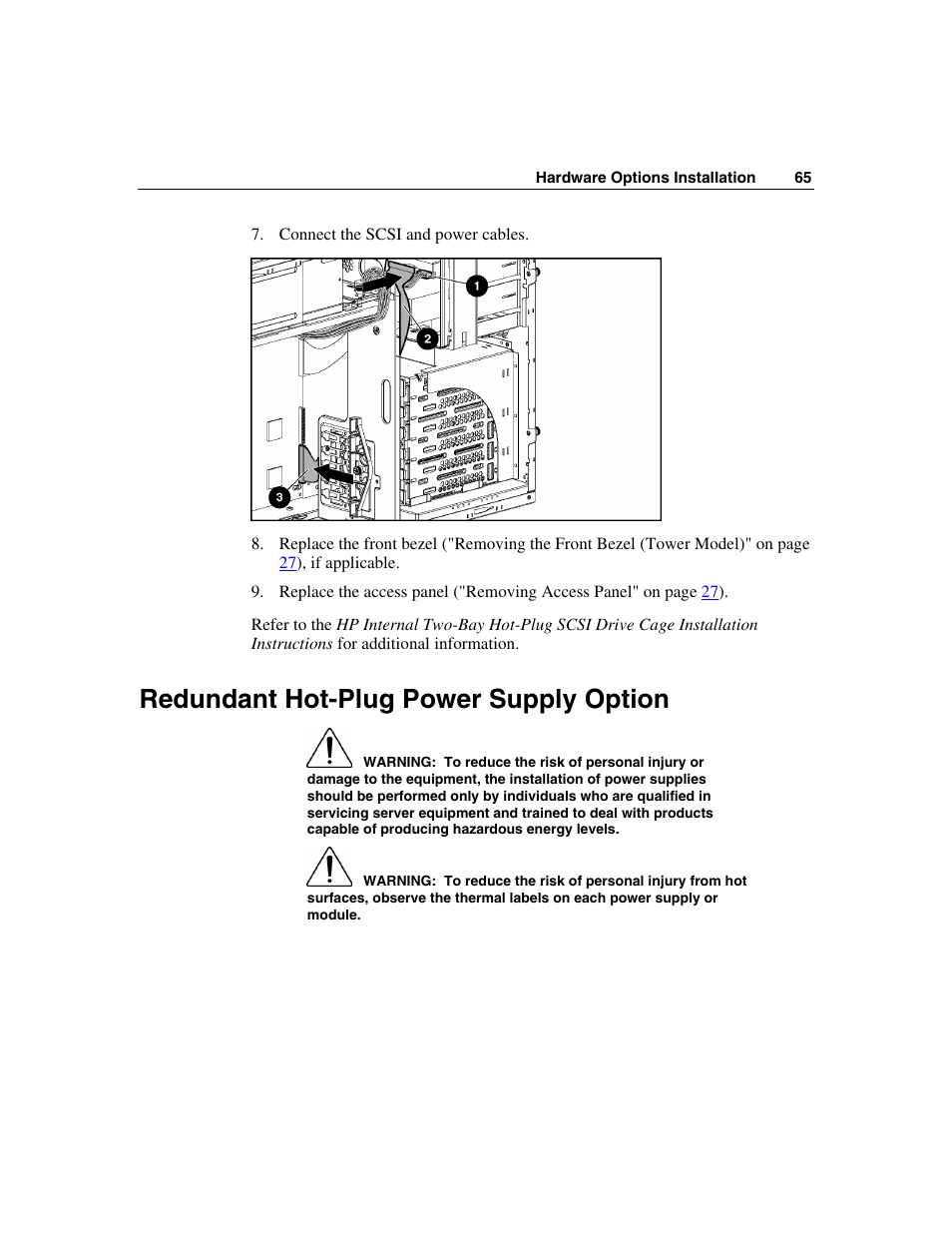 Redundant hot-plug power supply option | HP ProLiant ML350 G4 Server User Manual | Page 65 / 156