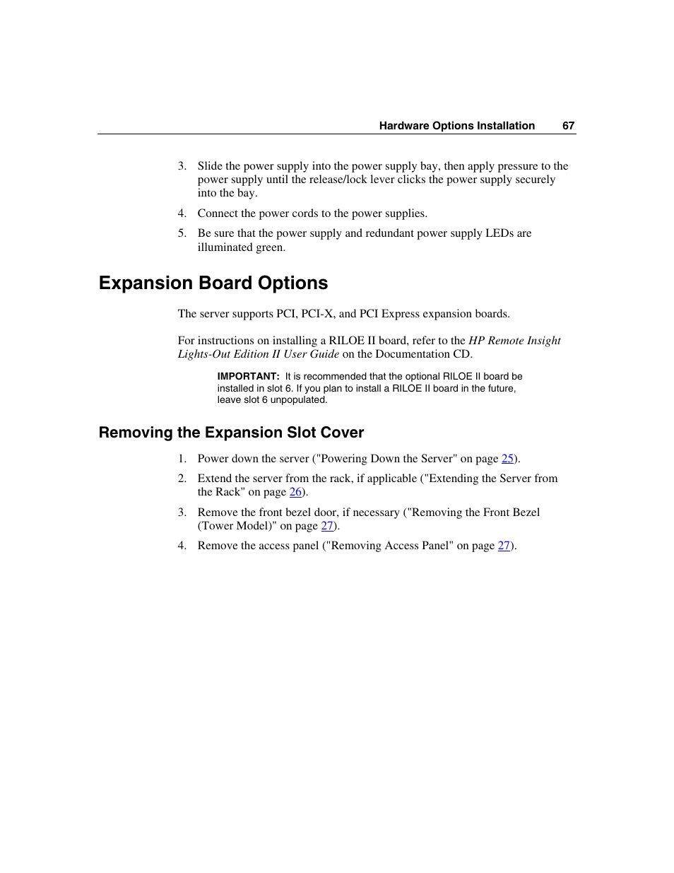 Expansion board options, Removing the expansion slot cover | HP ProLiant ML350 G4 Server User Manual | Page 67 / 156