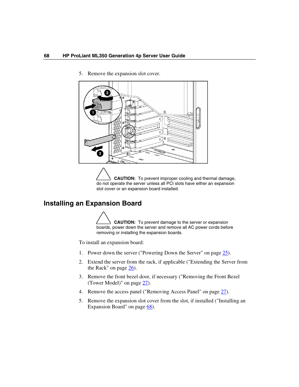 Installing an expansion board | HP ProLiant ML350 G4 Server User Manual | Page 68 / 156