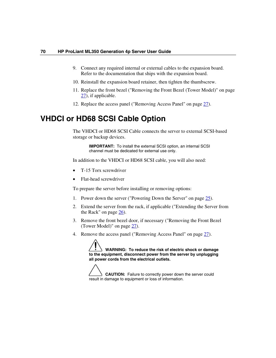 Vhdci or hd68 scsi cable option | HP ProLiant ML350 G4 Server User Manual | Page 70 / 156