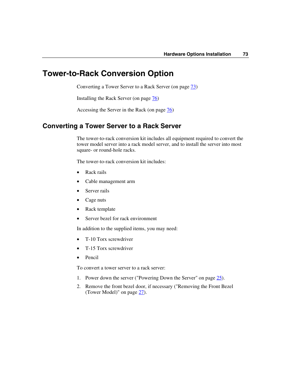 Tower-to-rack conversion option, Converting a tower server to a rack server | HP ProLiant ML350 G4 Server User Manual | Page 73 / 156