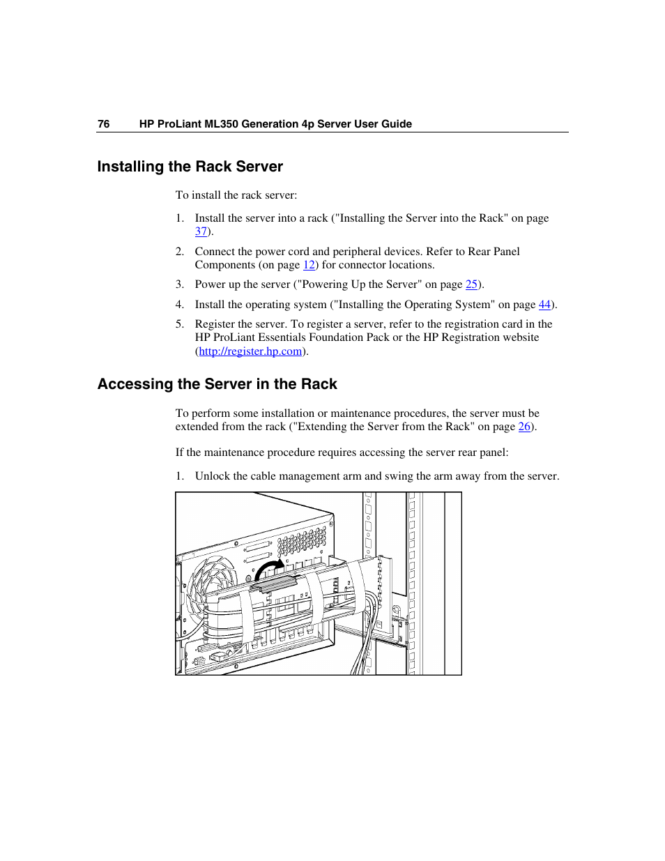 Installing the rack server, Accessing the server in the rack | HP ProLiant ML350 G4 Server User Manual | Page 76 / 156