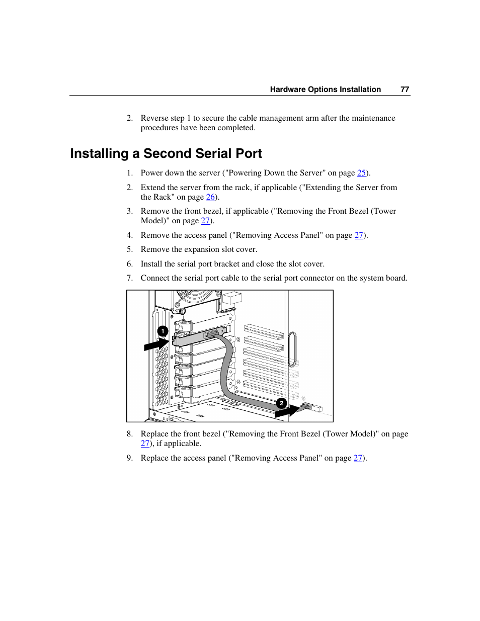 Installing a second serial port | HP ProLiant ML350 G4 Server User Manual | Page 77 / 156