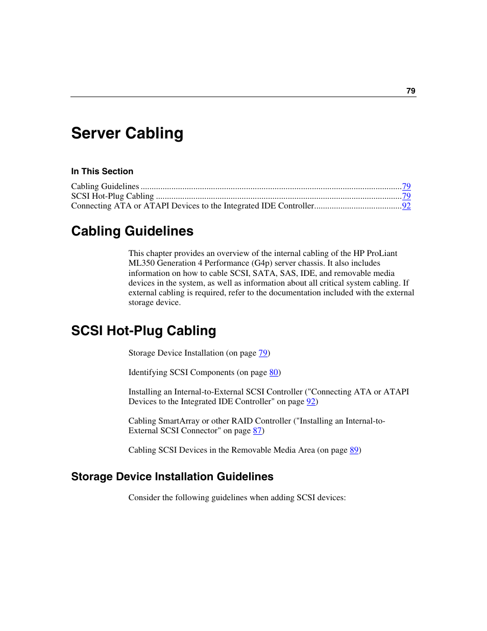 Server cabling, Cabling guidelines, Scsi hot-plug cabling | Storage device installation guidelines | HP ProLiant ML350 G4 Server User Manual | Page 79 / 156