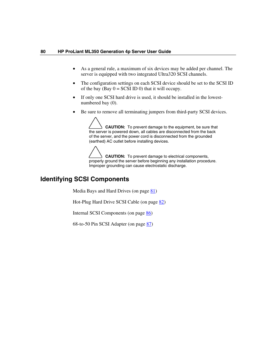 Identifying scsi components | HP ProLiant ML350 G4 Server User Manual | Page 80 / 156