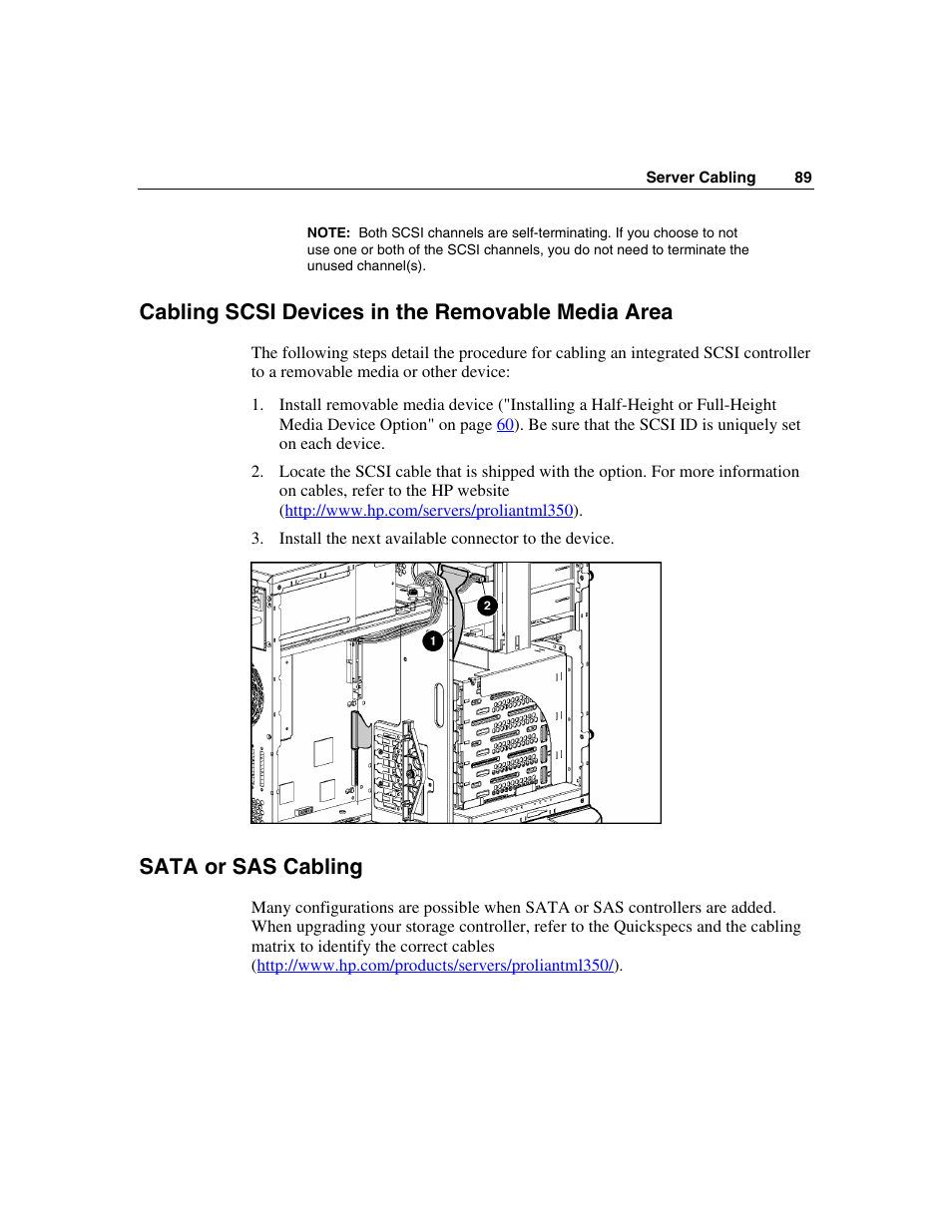 Cabling scsi devices in the removable media area, Sata or sas cabling | HP ProLiant ML350 G4 Server User Manual | Page 89 / 156