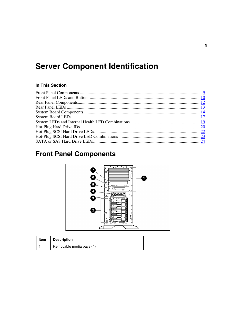 Server component identification, Front panel components | HP ProLiant ML350 G4 Server User Manual | Page 9 / 156