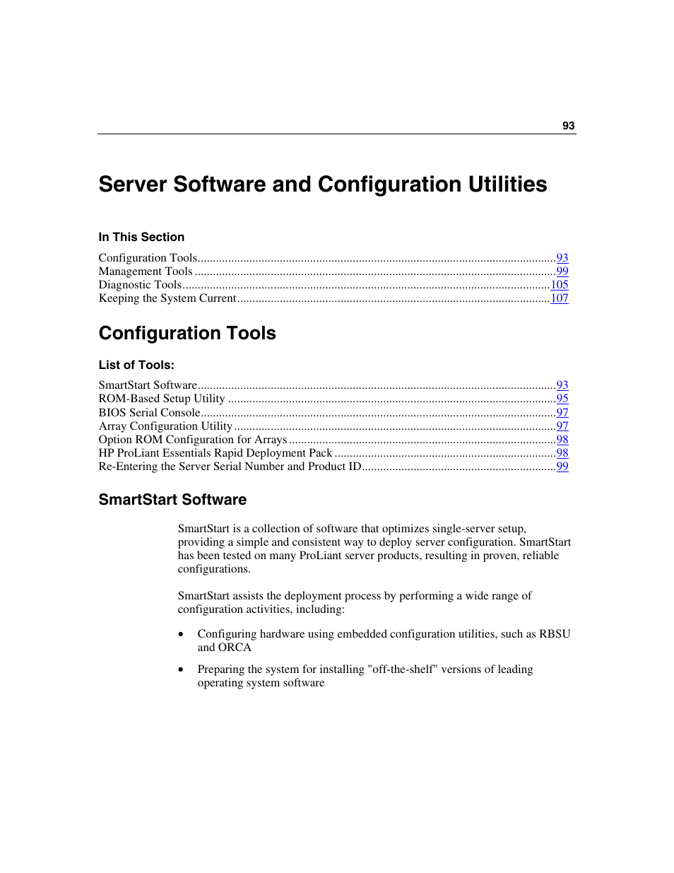 Server software and configuration utilities, Configuration tools, Smartstart software | HP ProLiant ML350 G4 Server User Manual | Page 93 / 156