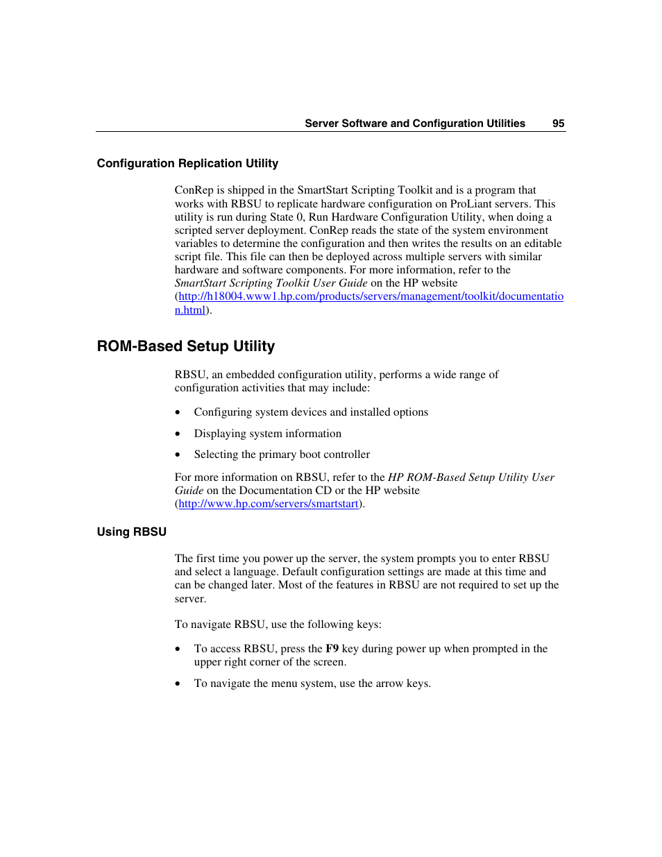 Configuration replication utility, Rom-based setup utility, Using rbsu | HP ProLiant ML350 G4 Server User Manual | Page 95 / 156