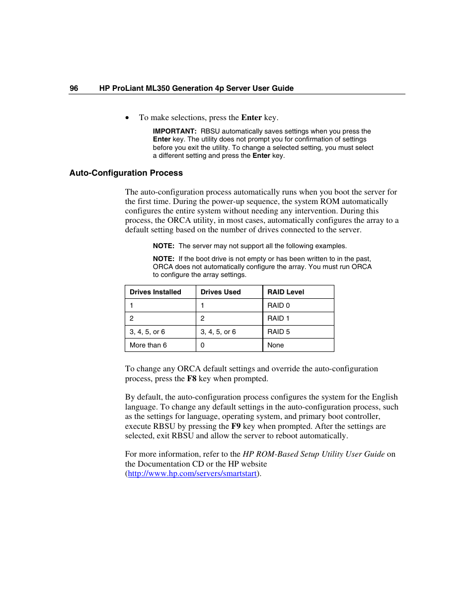 Auto-configuration process | HP ProLiant ML350 G4 Server User Manual | Page 96 / 156