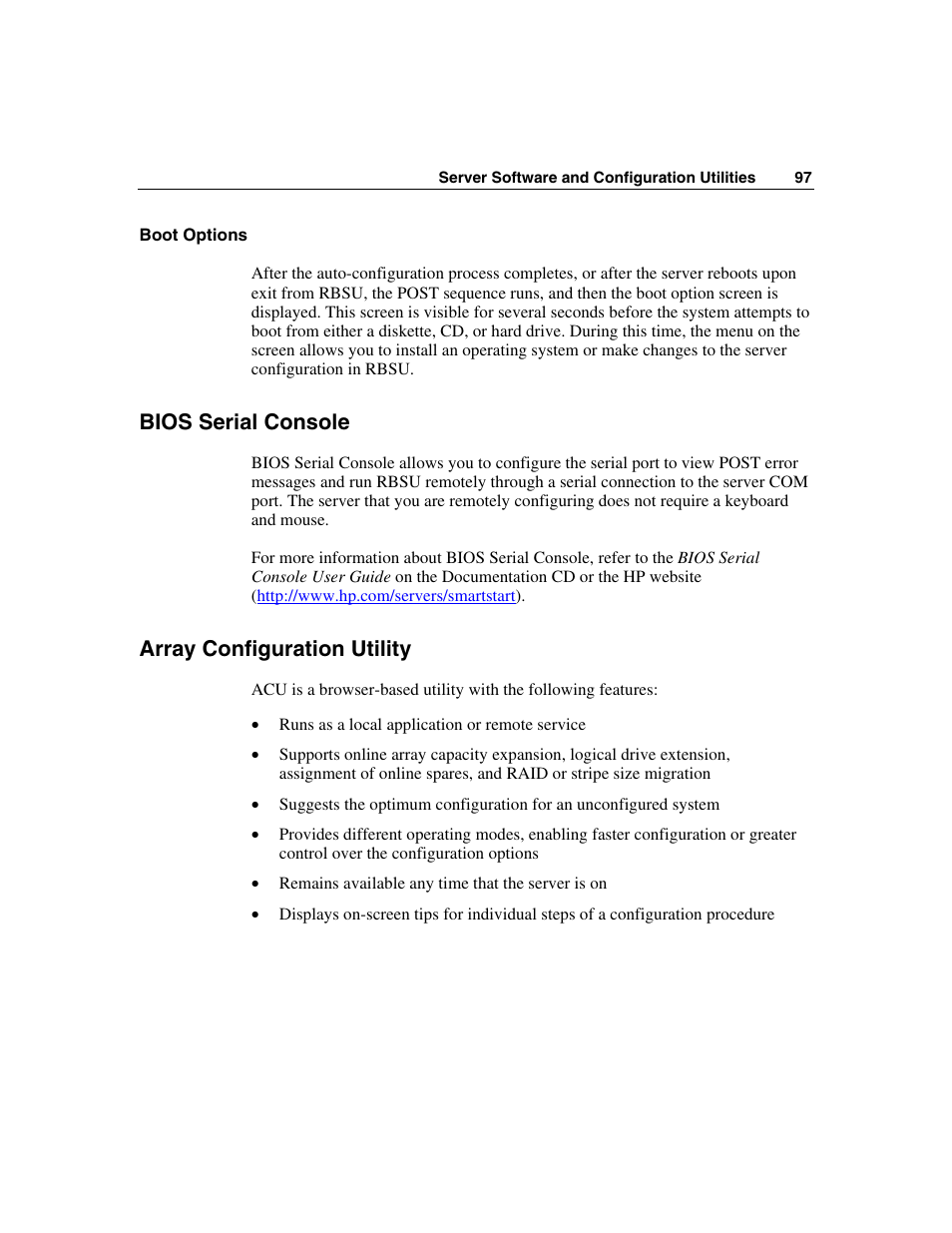 Boot options, Bios serial console, Array configuration utility | Array | HP ProLiant ML350 G4 Server User Manual | Page 97 / 156