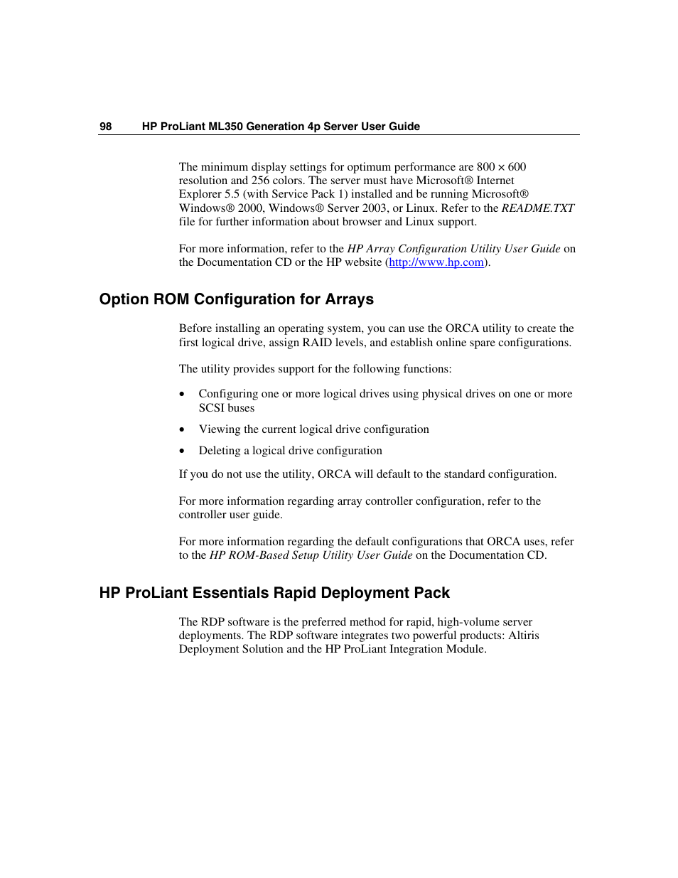 Option rom configuration for arrays, Hp proliant essentials rapid deployment pack | HP ProLiant ML350 G4 Server User Manual | Page 98 / 156