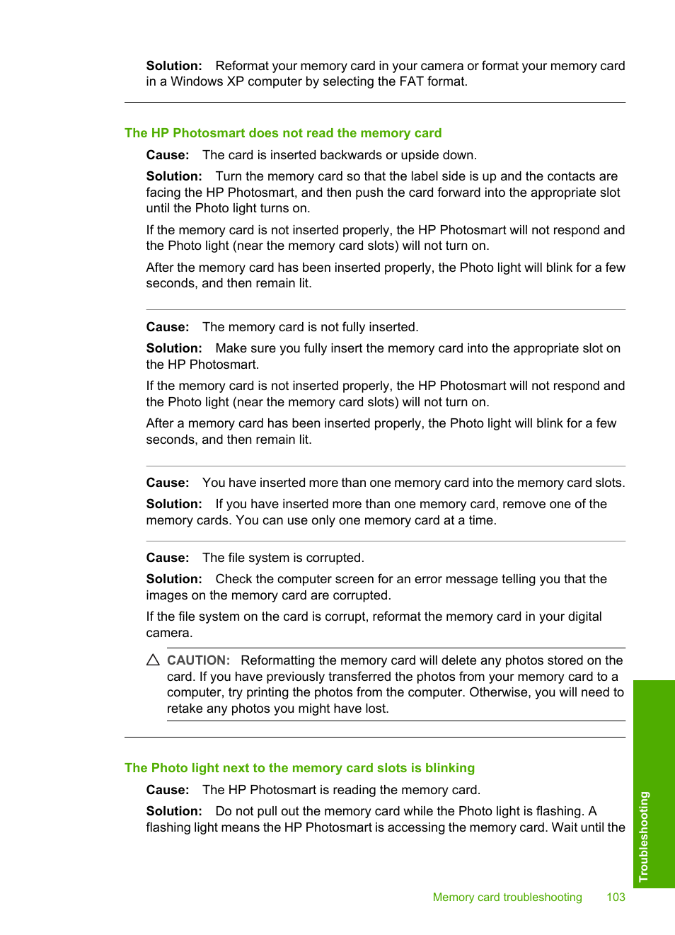 The hp photosmart does not read the memory card | HP Photosmart D5345 Printer User Manual | Page 104 / 149