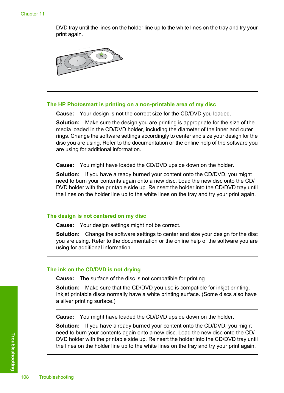 The design is not centered on my disc, The ink on the cd/dvd is not drying | HP Photosmart D5345 Printer User Manual | Page 109 / 149