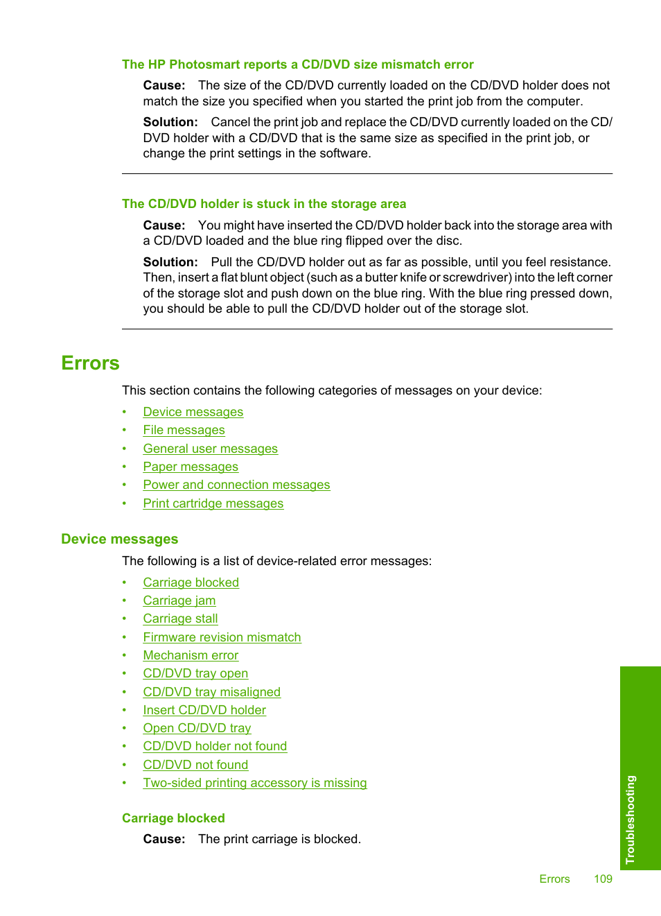 Errors, Device messages, The cd/dvd holder is stuck in the storage area | HP Photosmart D5345 Printer User Manual | Page 110 / 149