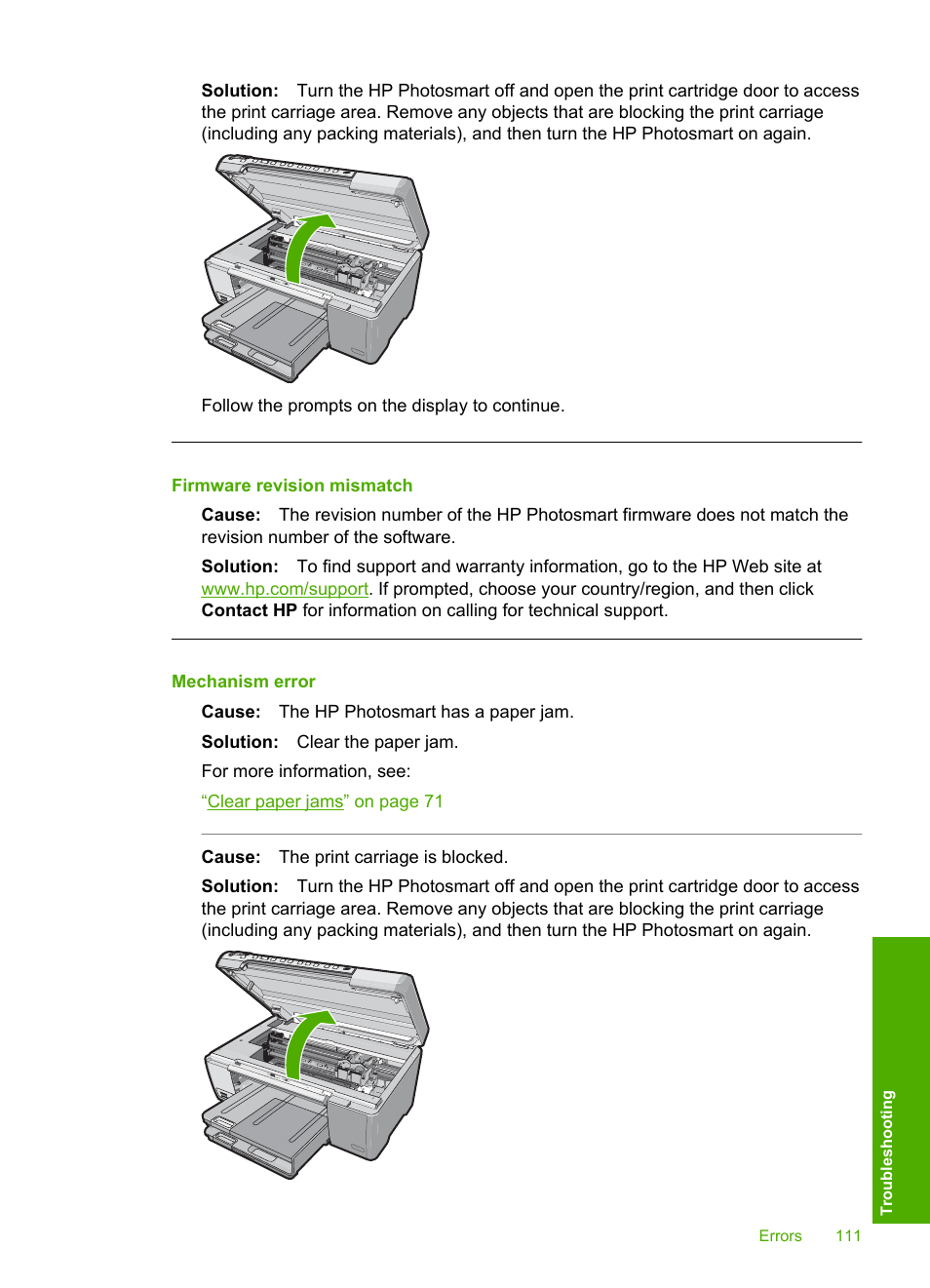 Firmware revision mismatch, Mechanism error | HP Photosmart D5345 Printer User Manual | Page 112 / 149