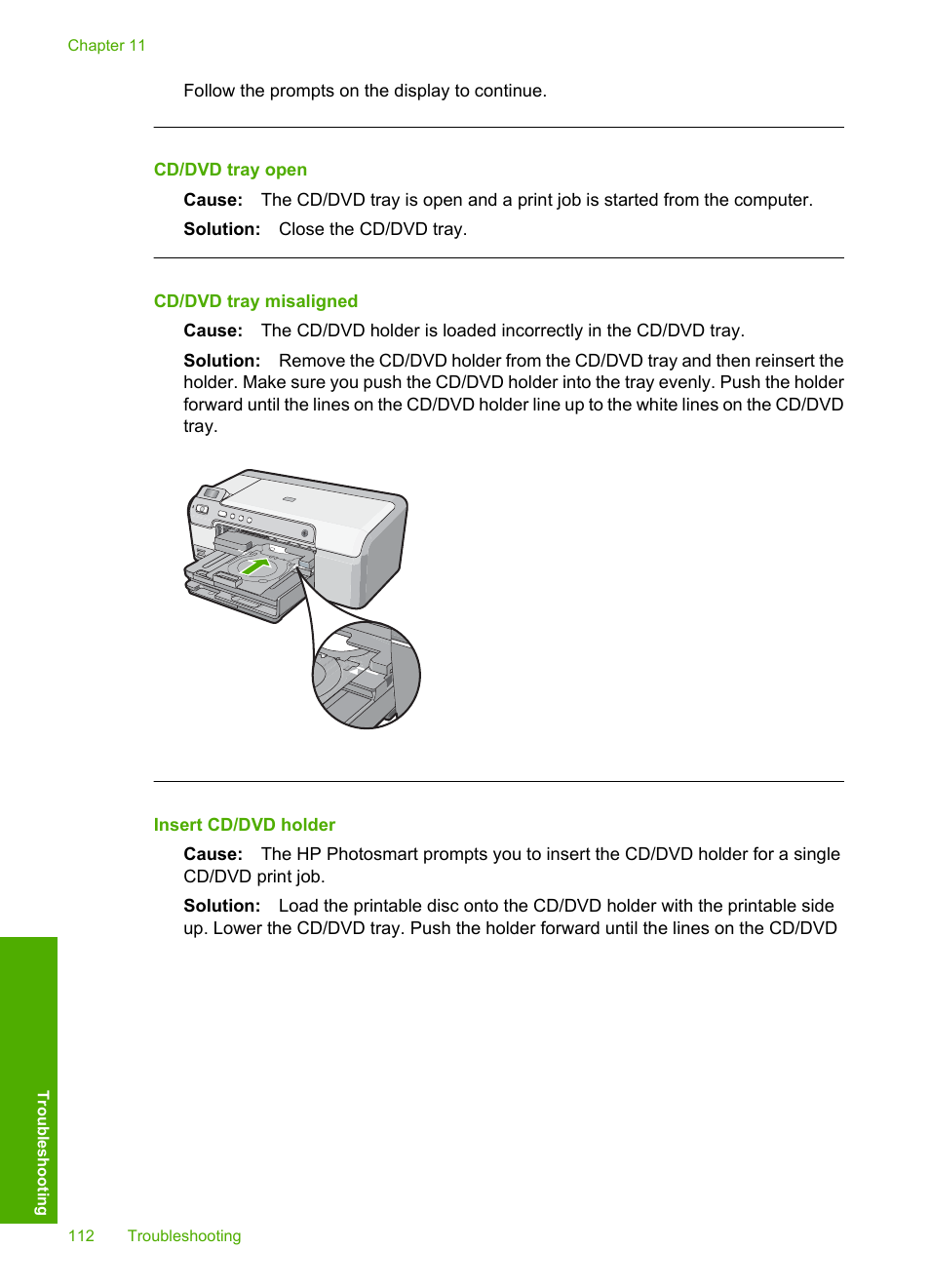 Cd/dvd tray open, Cd/dvd tray misaligned, Insert cd/dvd holder | HP Photosmart D5345 Printer User Manual | Page 113 / 149
