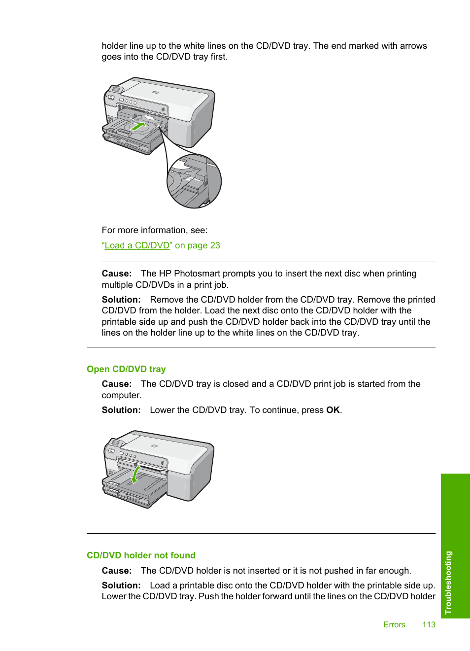 Open cd/dvd tray, Cd/dvd holder not found | HP Photosmart D5345 Printer User Manual | Page 114 / 149