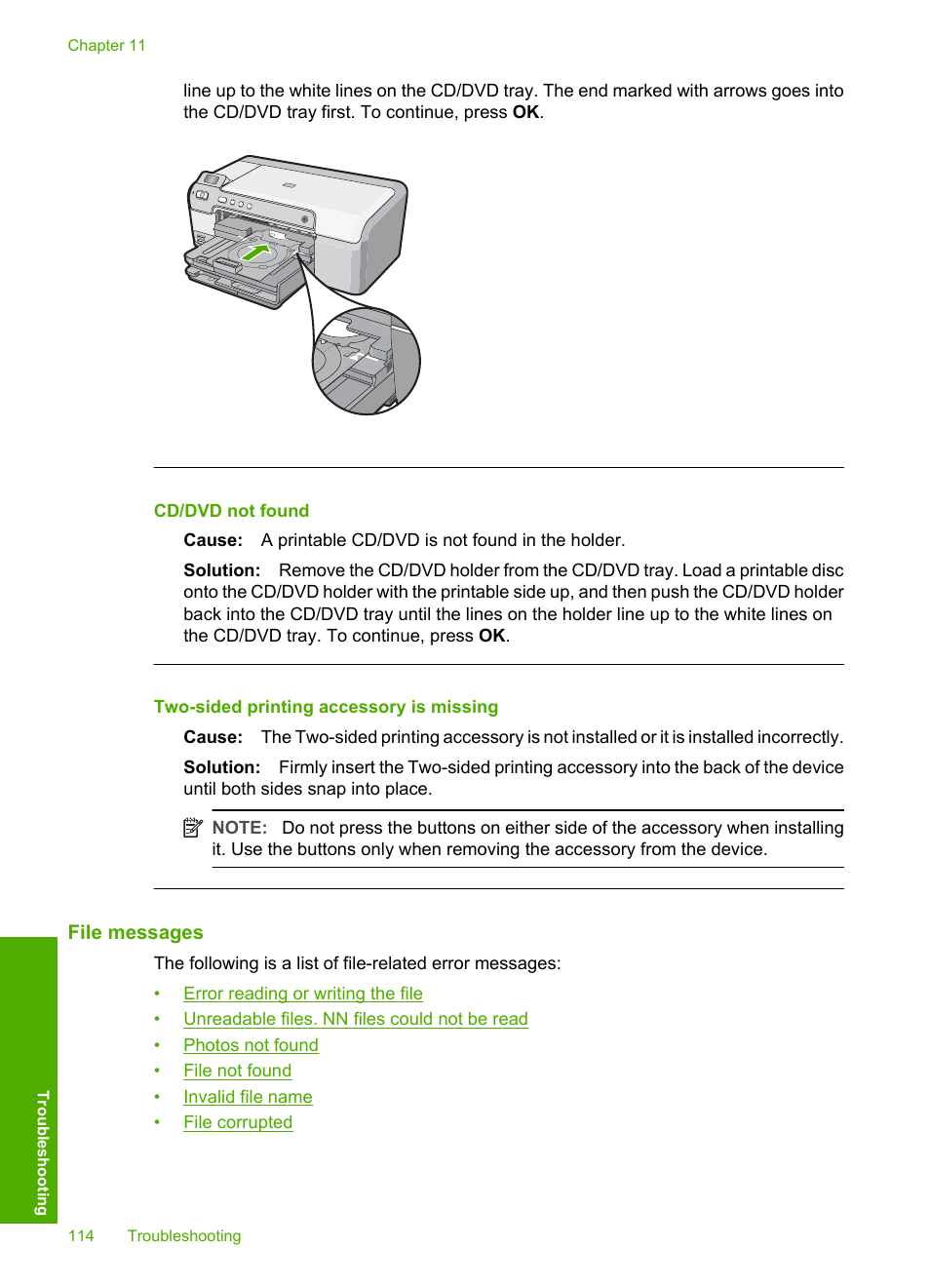 File messages, Cd/dvd not found, Two-sided printing accessory is missing | HP Photosmart D5345 Printer User Manual | Page 115 / 149