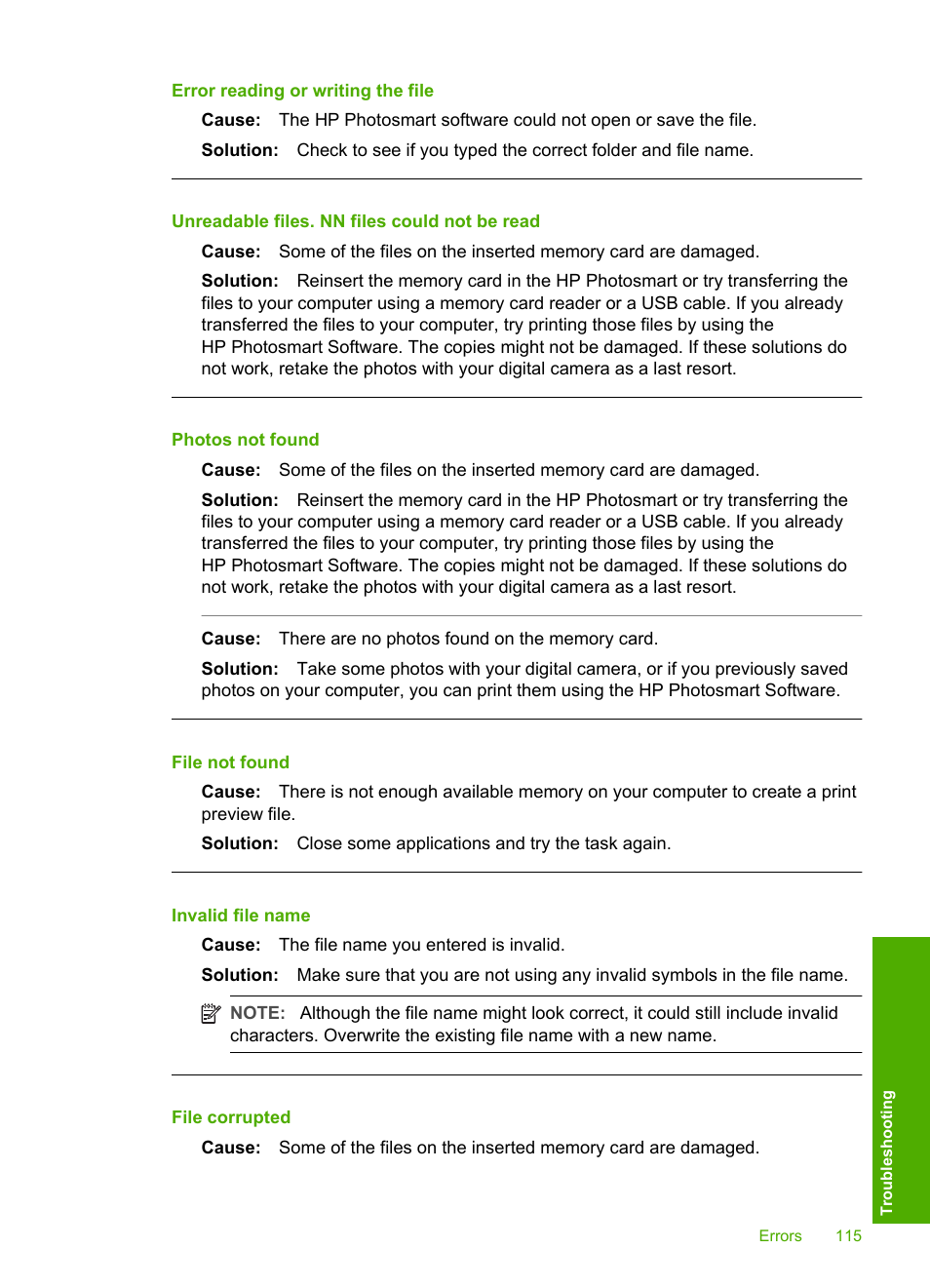 Error reading or writing the file, Unreadable files. nn files could not be read, Photos not found | File not found, Invalid file name, File corrupted | HP Photosmart D5345 Printer User Manual | Page 116 / 149