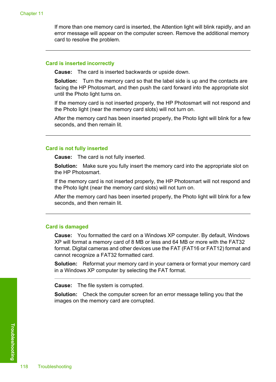 Card is inserted incorrectly, Card is not fully inserted, Card is damaged | HP Photosmart D5345 Printer User Manual | Page 119 / 149