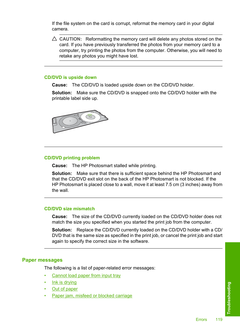 Paper messages, Cd/dvd is upside down, Cd/dvd printing problem | Cd/dvd size mismatch | HP Photosmart D5345 Printer User Manual | Page 120 / 149