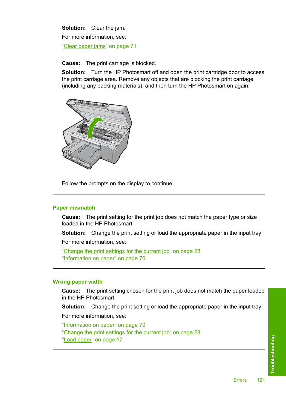 Paper mismatch, Wrong paper width | HP Photosmart D5345 Printer User Manual | Page 122 / 149